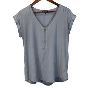 Express Blue Satin Quarter Zip Short Sleeve V-Neck T-Shirt Size Medium